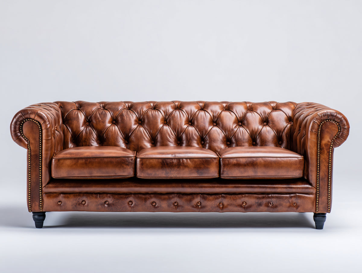 Canapé droit - Cuir-Bois - 226x97x80 cm - Brun cognac - Style Chesterfield traditionnel