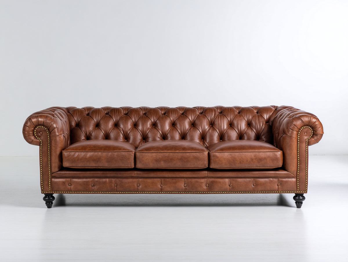 Canapé droit - Cuir-Bois - 220x96x78 cm - Marron cognac - Style Chesterfield classique