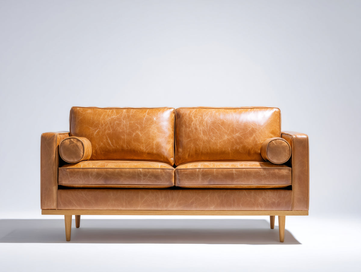 Canapé droit - Cuir-Bois - 186x89x83 cm - Cognac clair - Style moderne rétro