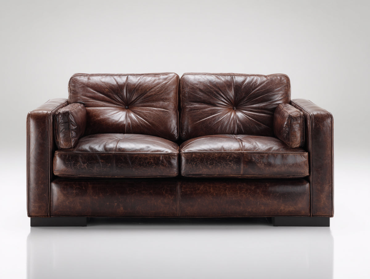 Canapé droit - Cuir-Bois - 190x92x84 cm - Brun chocolat - Style vintage contemporain