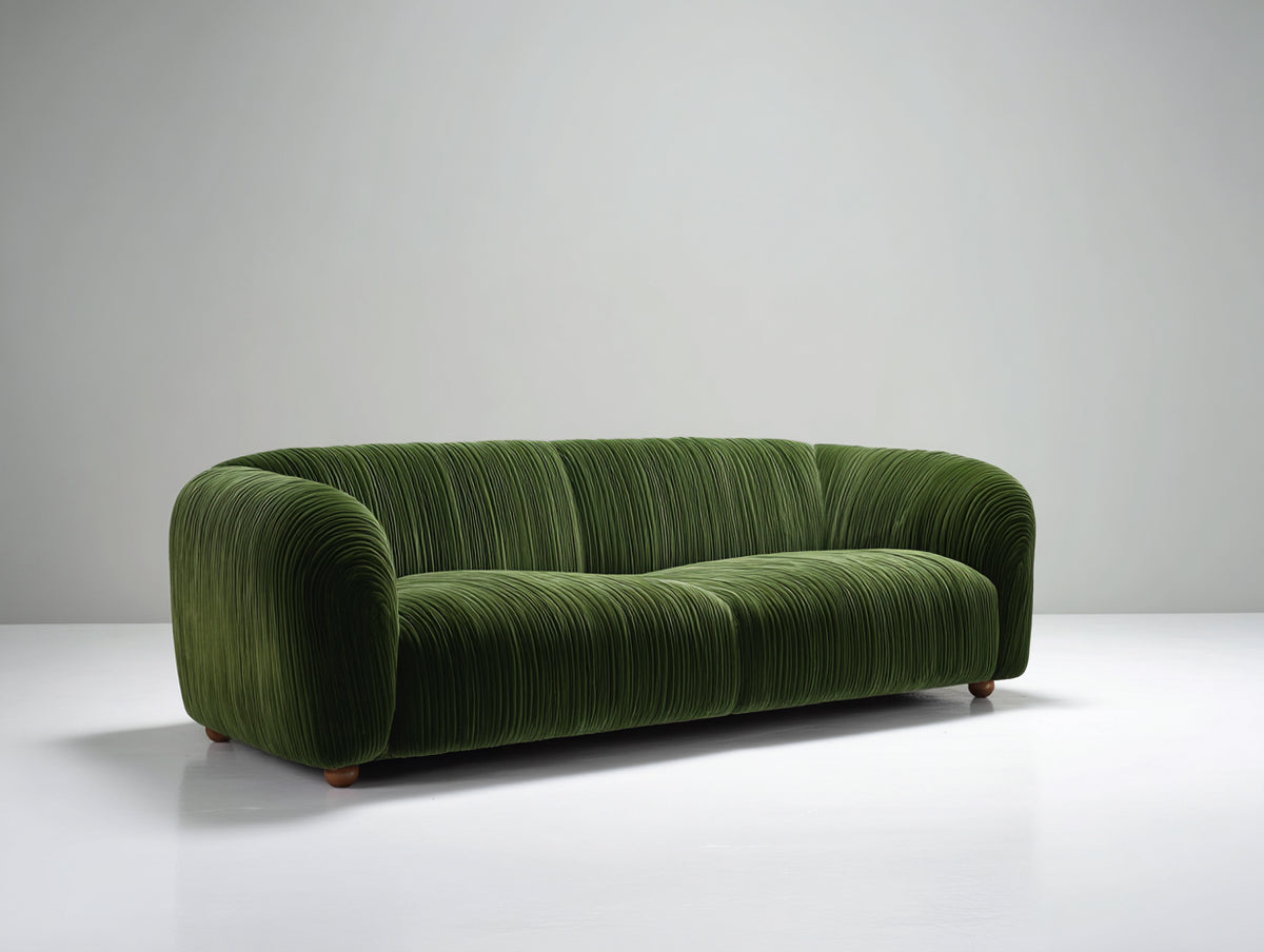 Canapé droit - Velours plissé-Bois - 214x94x75 cm - Vert olive - Style contemporain