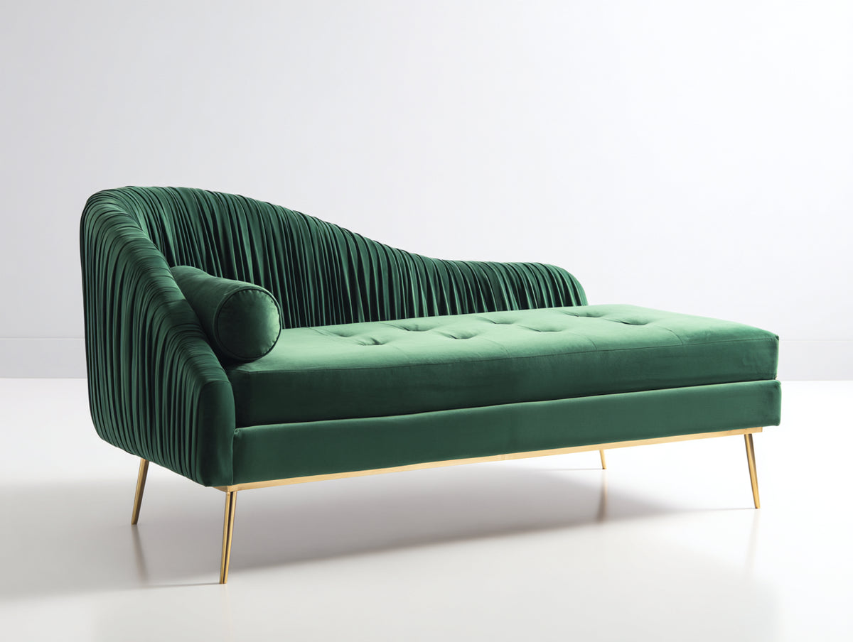 Chaise longue - Velours-Métal - 188 x 79 x 86 cm - Vert émeraude - Style Art déco moderne