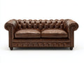 Canapé droit - Cuir - Bois - 205x95x80 cm - Brun chocolat - Style Chesterfield rétro