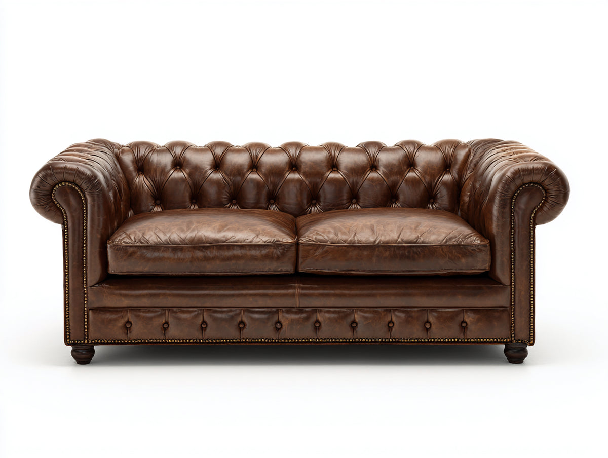 Canapé droit - Cuir - Bois - 205x95x80 cm - Brun chocolat - Style Chesterfield rétro