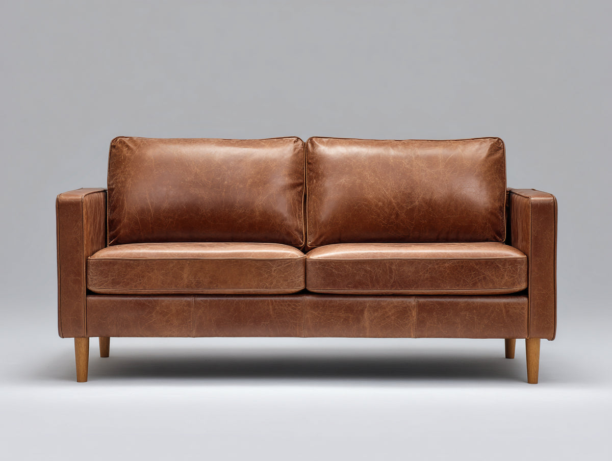 Canapé droit - Cuir-Bois - 182x88x84 cm - Brun caramel - Style moderne rétro