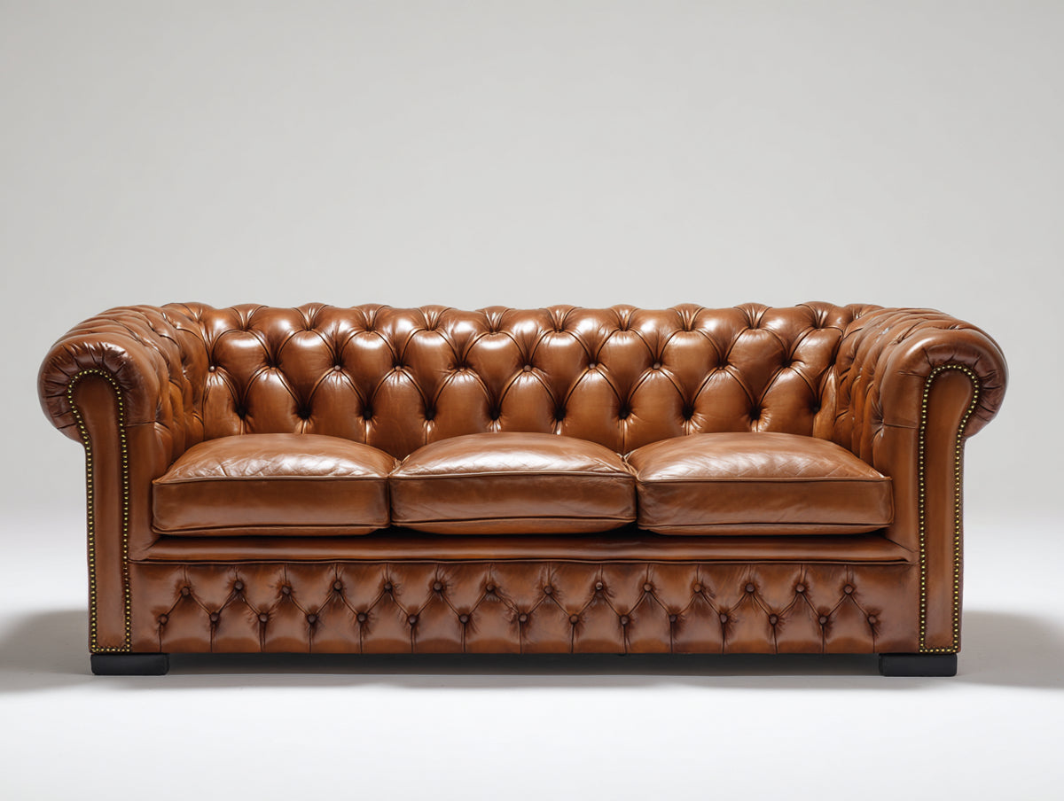 Canapé droit - Cuir-Bois - 228x98x80 cm - Brun caramel - Style Chesterfield classique