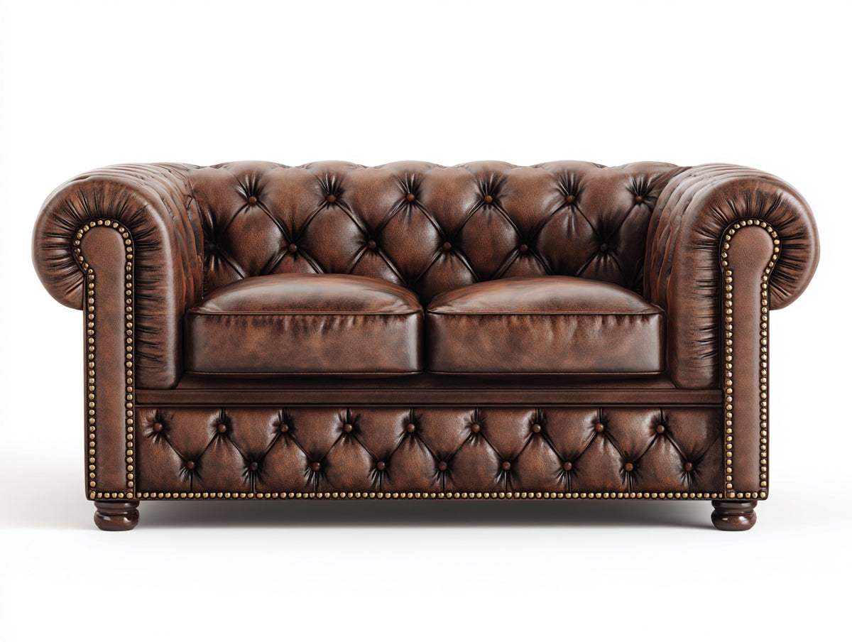 Canapé droit - Cuir - Bois - 190x92x78 cm - Marron foncé - Style Chesterfield classique
