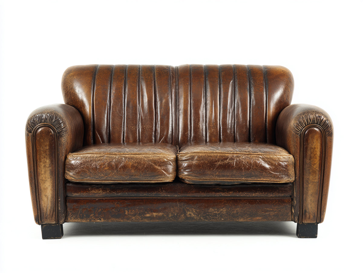 Canapé droit - Cuir-Bois - 168x91x84 cm - Brun vieilli - Style rétro industriel
