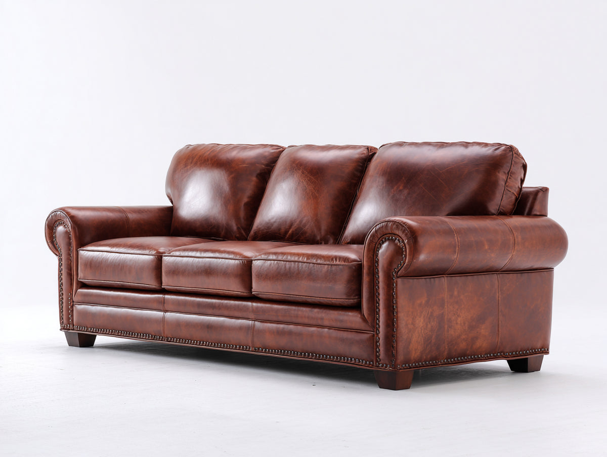 Canapé droit - Cuir - Bois - 225x98x88 cm - Brun acajou - Style classique