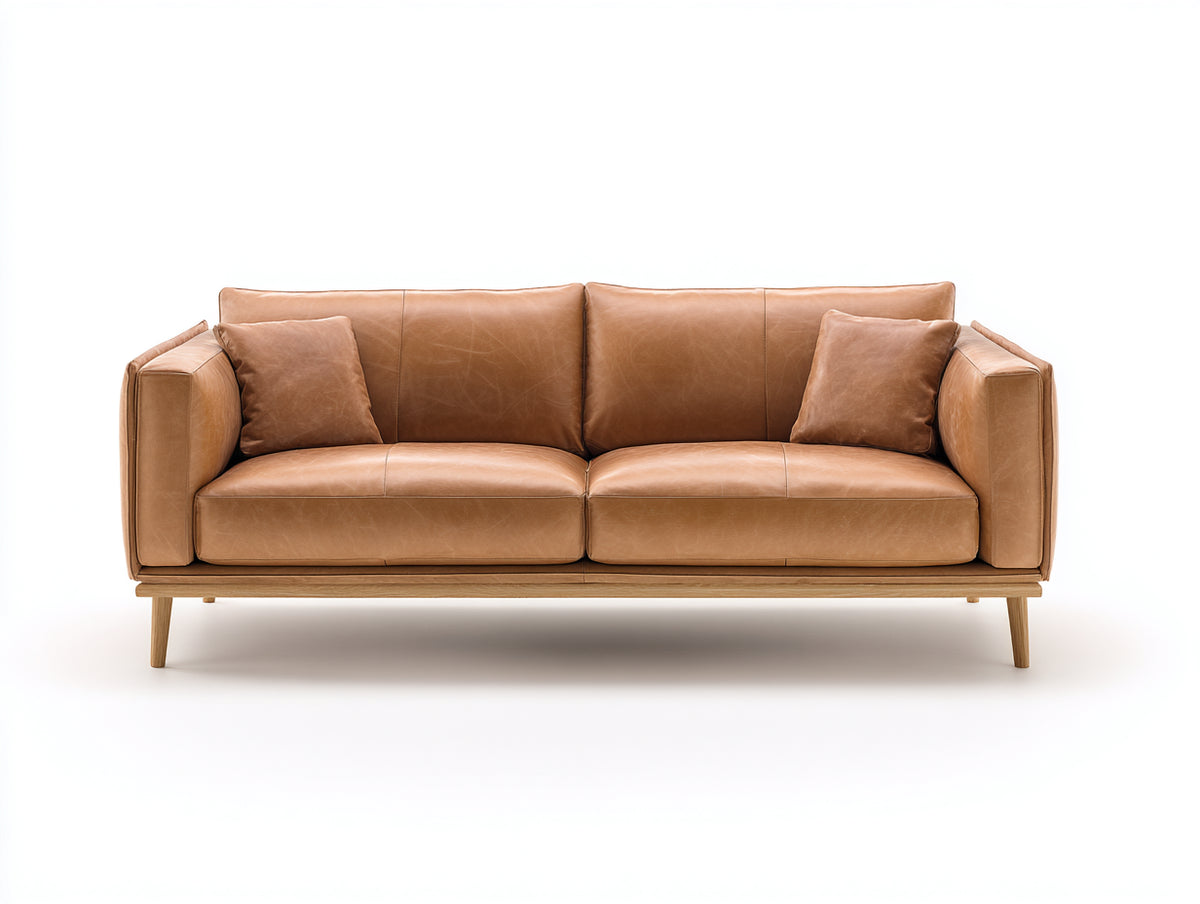 Canapé droit - Cuir-Bois - 206x92x84 cm - Camel naturel - Style contemporain léger