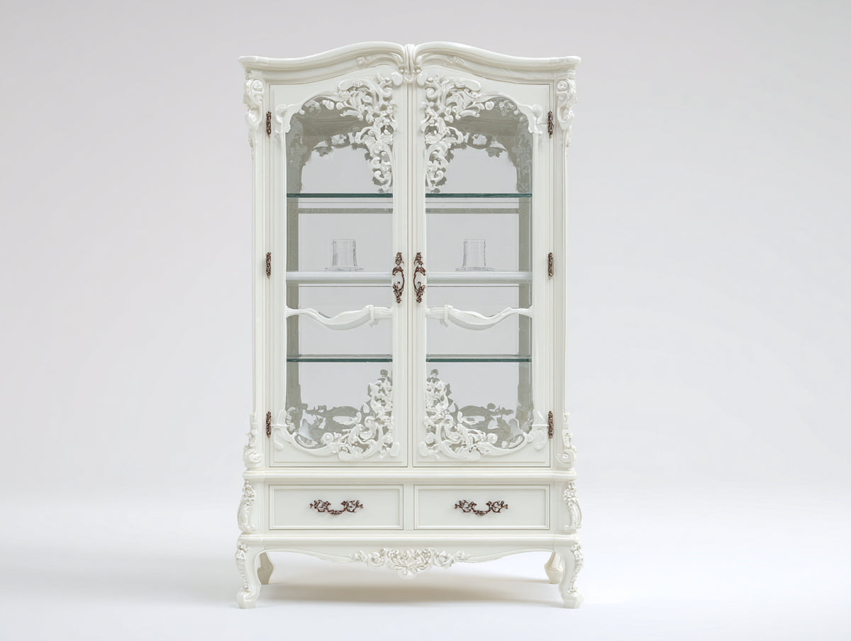 Vitrine - Bois - Verre - Métal - 105 x 45 x 205 cm - Blanc ivoire - Style baroque