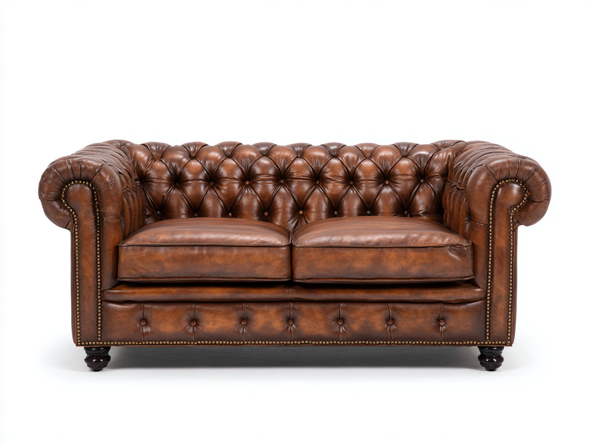 Canapé droit - Cuir-Bois - 194x94x80 cm - Brun cognac - Style Chesterfield classique