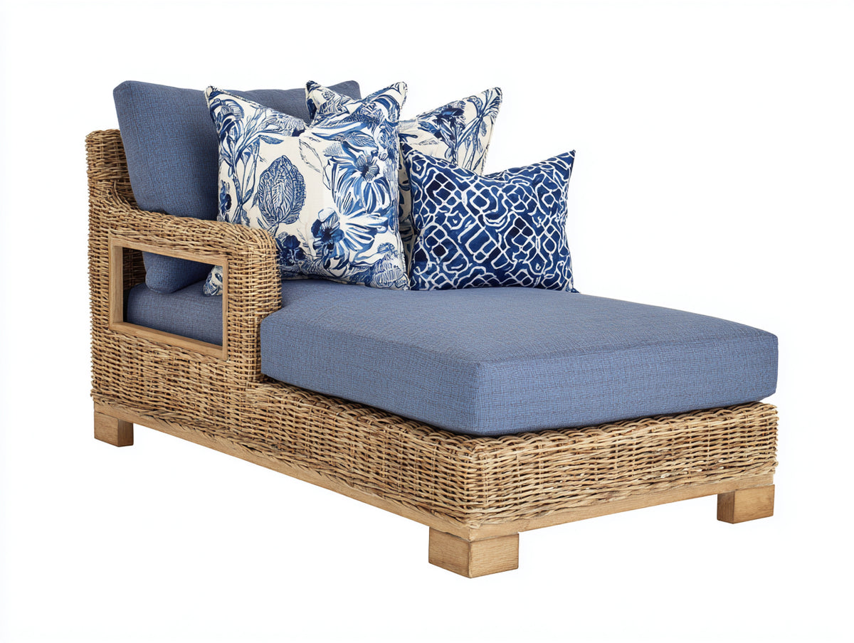 Bain de soleil - rotin-textile-bois - 180x90x85 cm - bleu-bois naturel - style naturel avec assise profonde et accoudoir