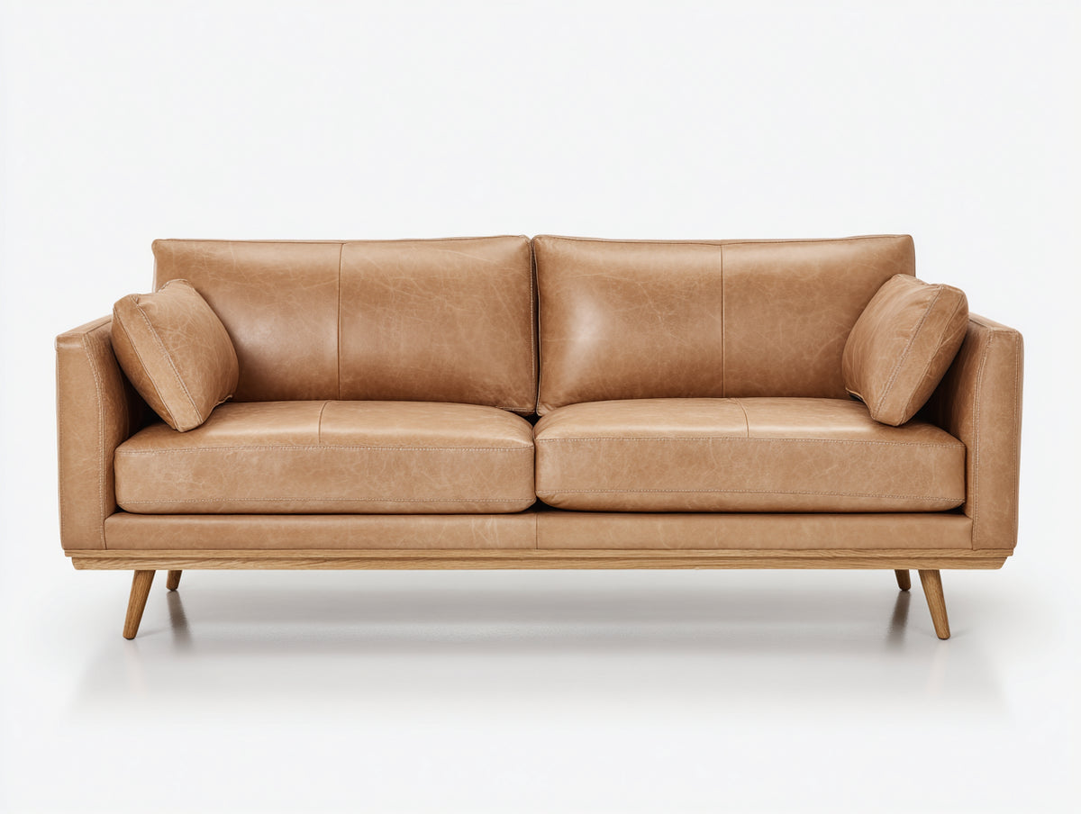 Canapé droit - Cuir-Bois - 204x92x84 cm - Camel clair - Style moderne rétro