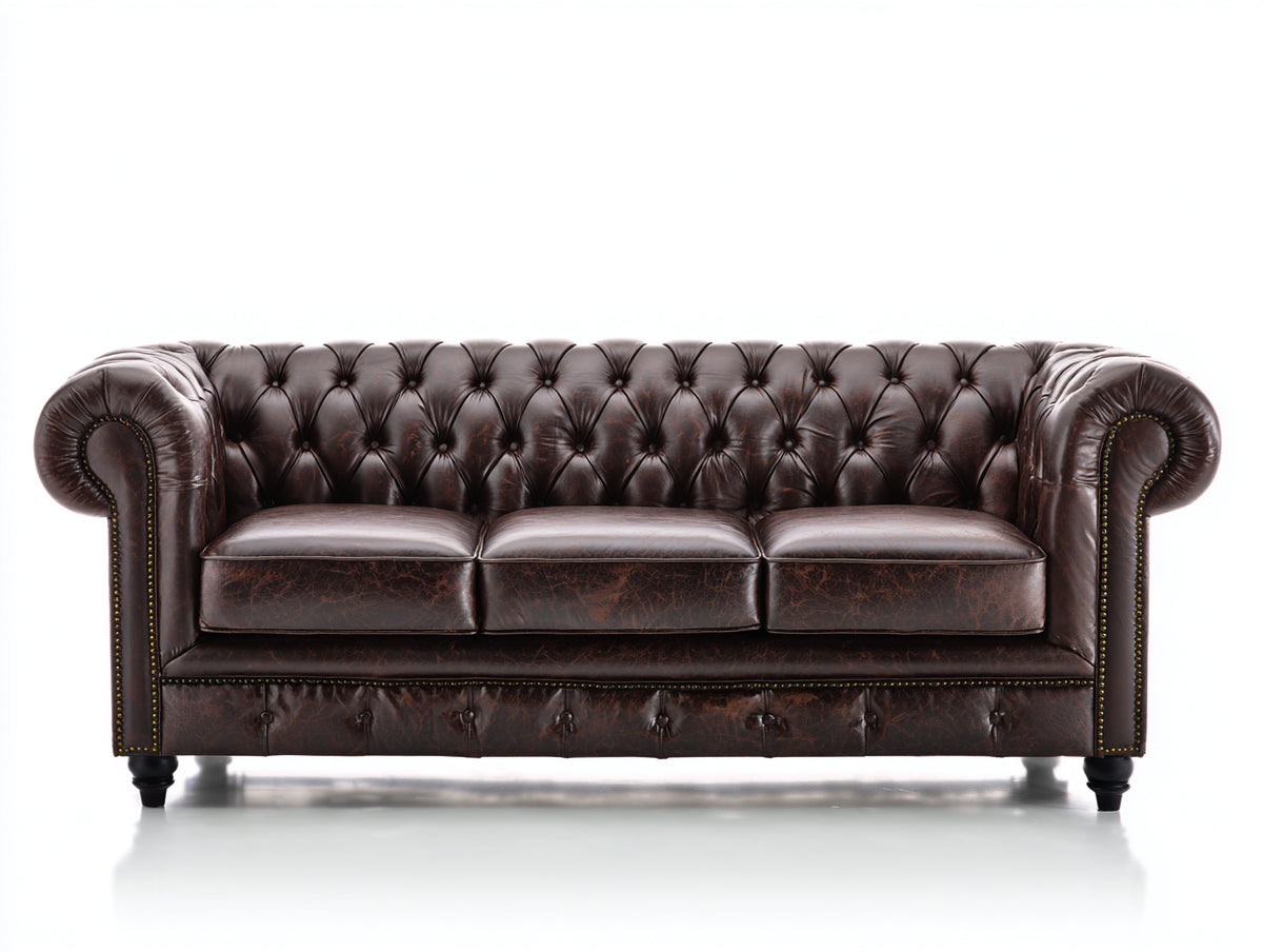 Canapé droit - Cuir-Bois - 224x96x79 cm - Brun foncé - Style Chesterfield vintage
