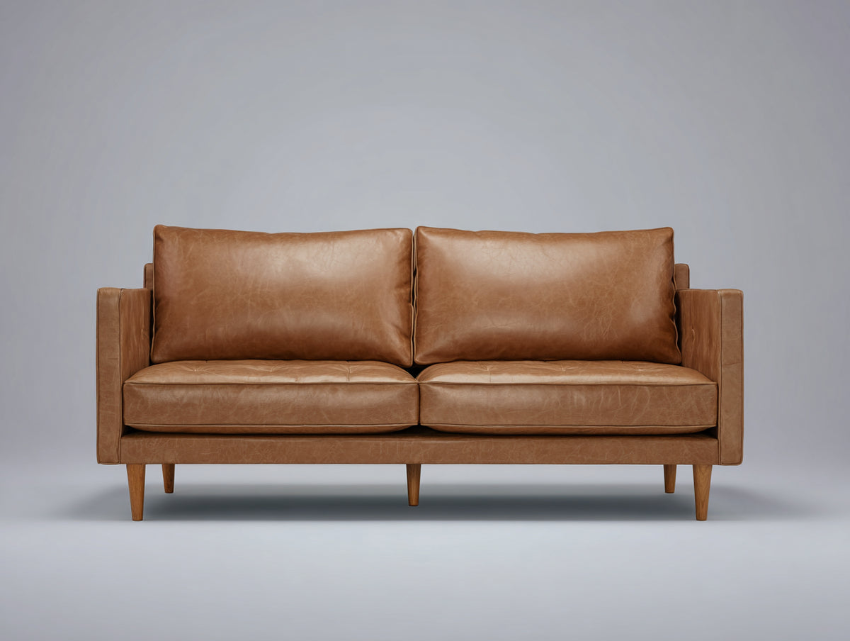 Canapé droit - Cuir-Bois - 184x89x85 cm - Camel - Style moderne rétro