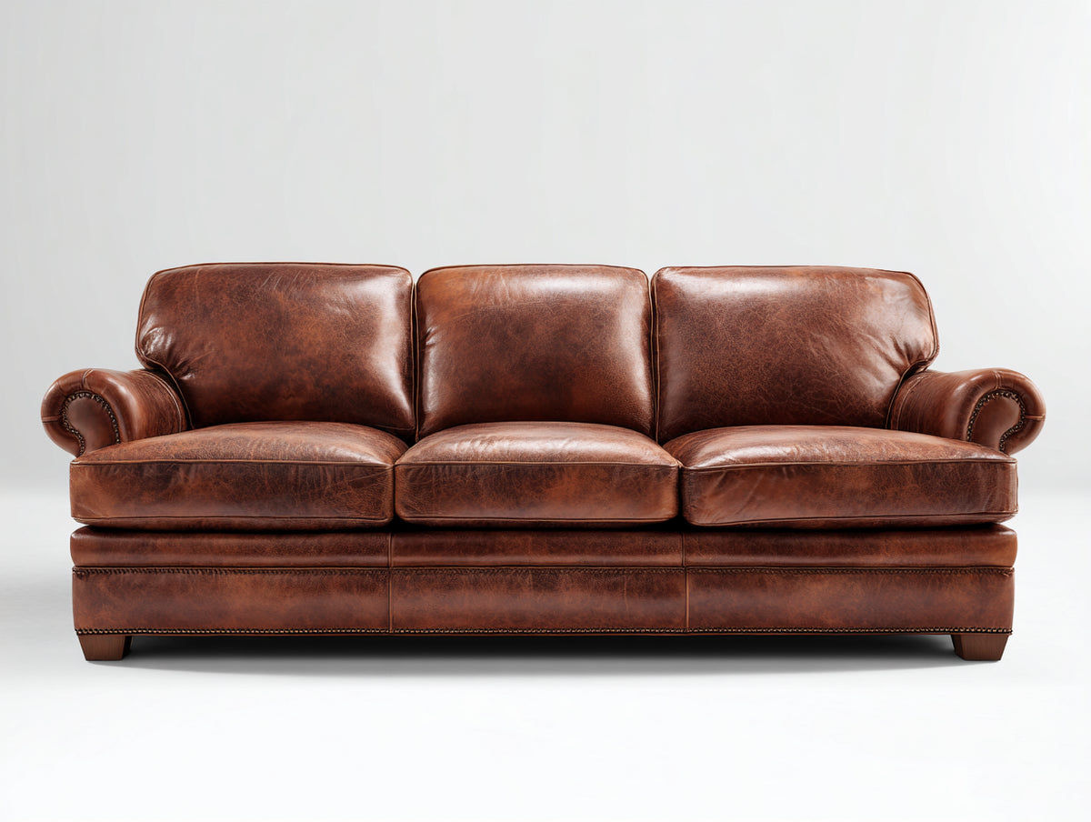 Canapé droit - Cuir-Bois - 218x95x86 cm - Brun cognac - Style classique