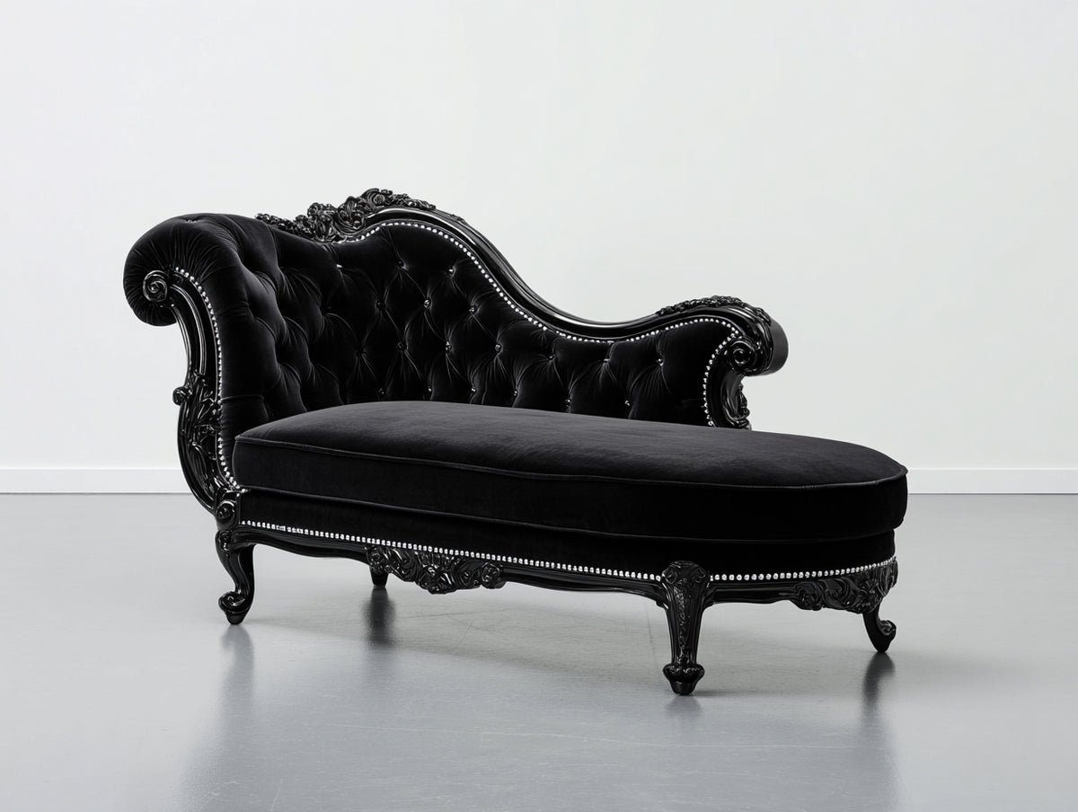 Chaise longue - Velours-Bois - 180 x 75 x 95 cm - Noir - Style baroque