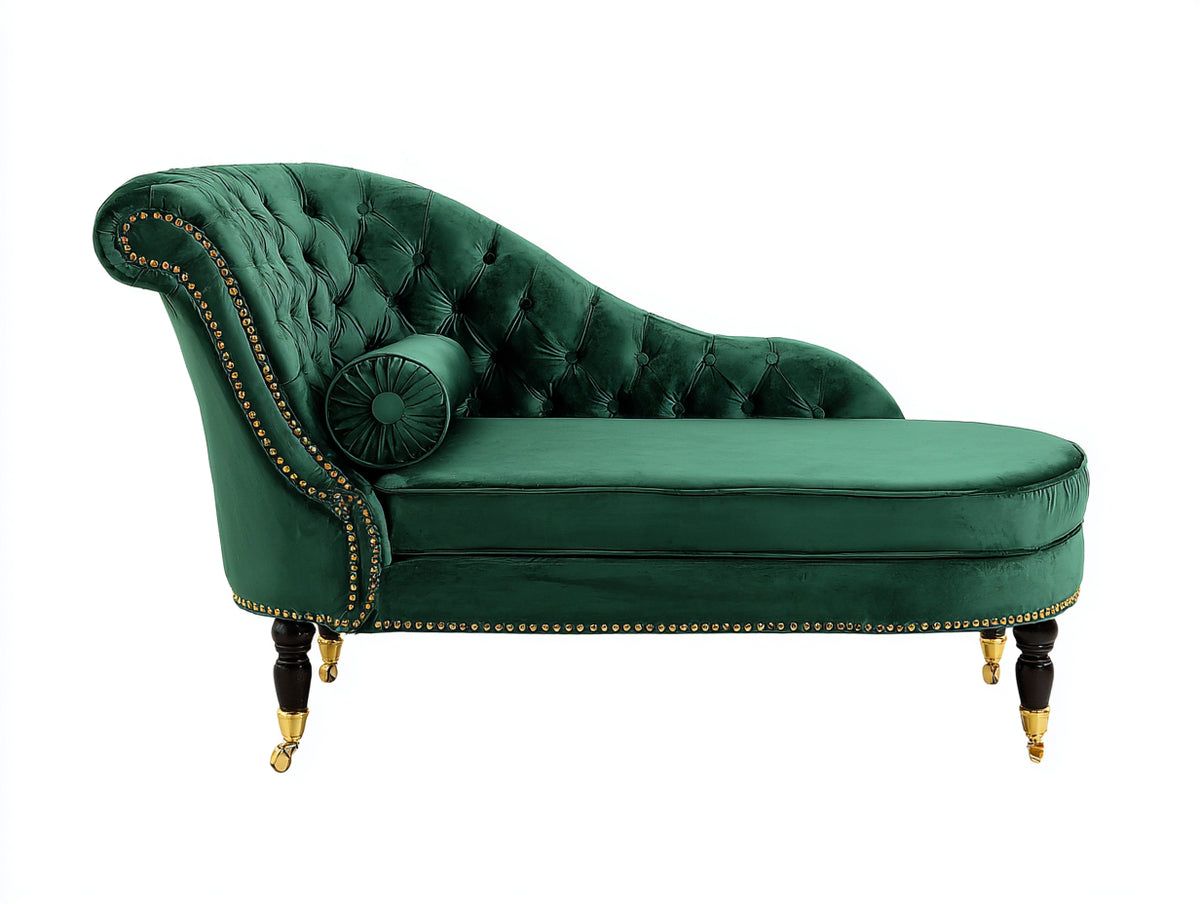 Chaise longue - Velours-Bois-Métal - 175 x 72 x 92 cm - Vert émeraude - Style classique