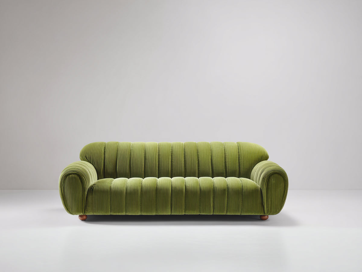 Canapé droit - Velours côtelé-Bois - 210x93x76 cm - Vert olive clair - Style contemporain organique