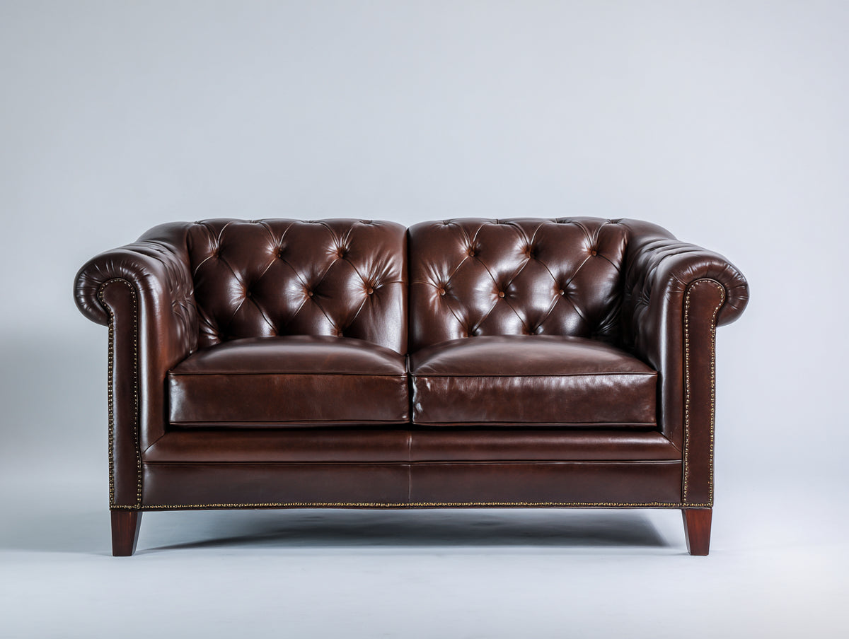 Canapé droit - Cuir - Bois - 176x92x84 cm - Brun chocolat - Style Chesterfield classique