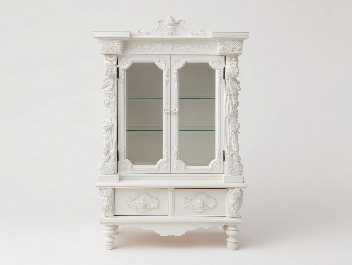 Vitrine - Bois - Verre - Métal - 105 x 45 x 210 cm - Blanc - Style baroque