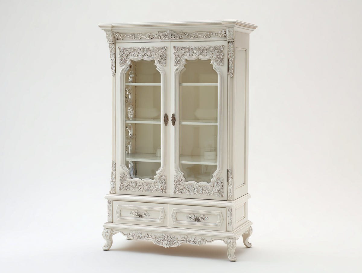 Vitrine - Bois - Verre - Métal - 110 x 48 x 205 cm - Blanc cassé - Style baroque
