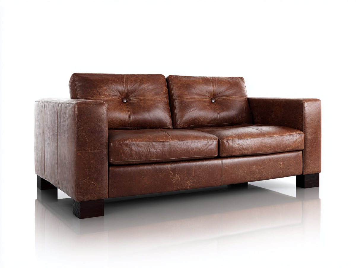 Canapé droit - Cuir-Bois - 188x90x82 cm - Brun tabac - Style industriel contemporain